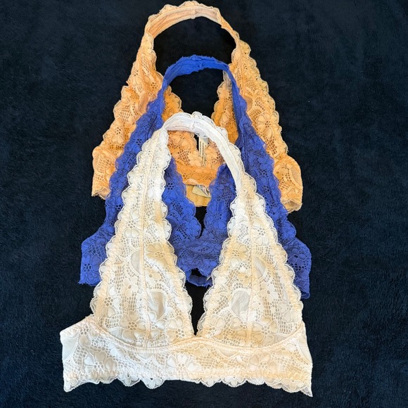 Free People Other - Free People Intimately Lace Halter Bralette Bundle 3 Pack‎ Blue Cream Orange XS
